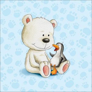 Leinwandbild: Weißer Teddybär mit Pinguin auf hellblauem Grund mit Pfotenabdrücken.