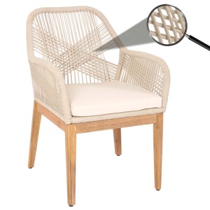 Beiger MCW Gartenstuhl H56b mit creme-weißem Kissen und Akazienholz-Gestell.