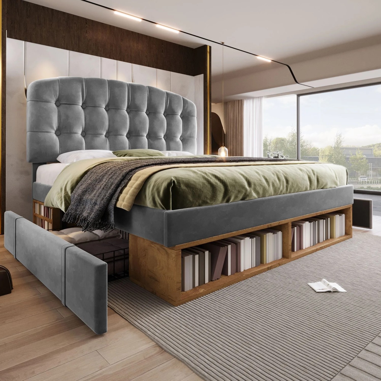 okwish Polsterbett 140x200cm mit Samtbezug Schubladen Jugendbett Grau ohne Matratze_6