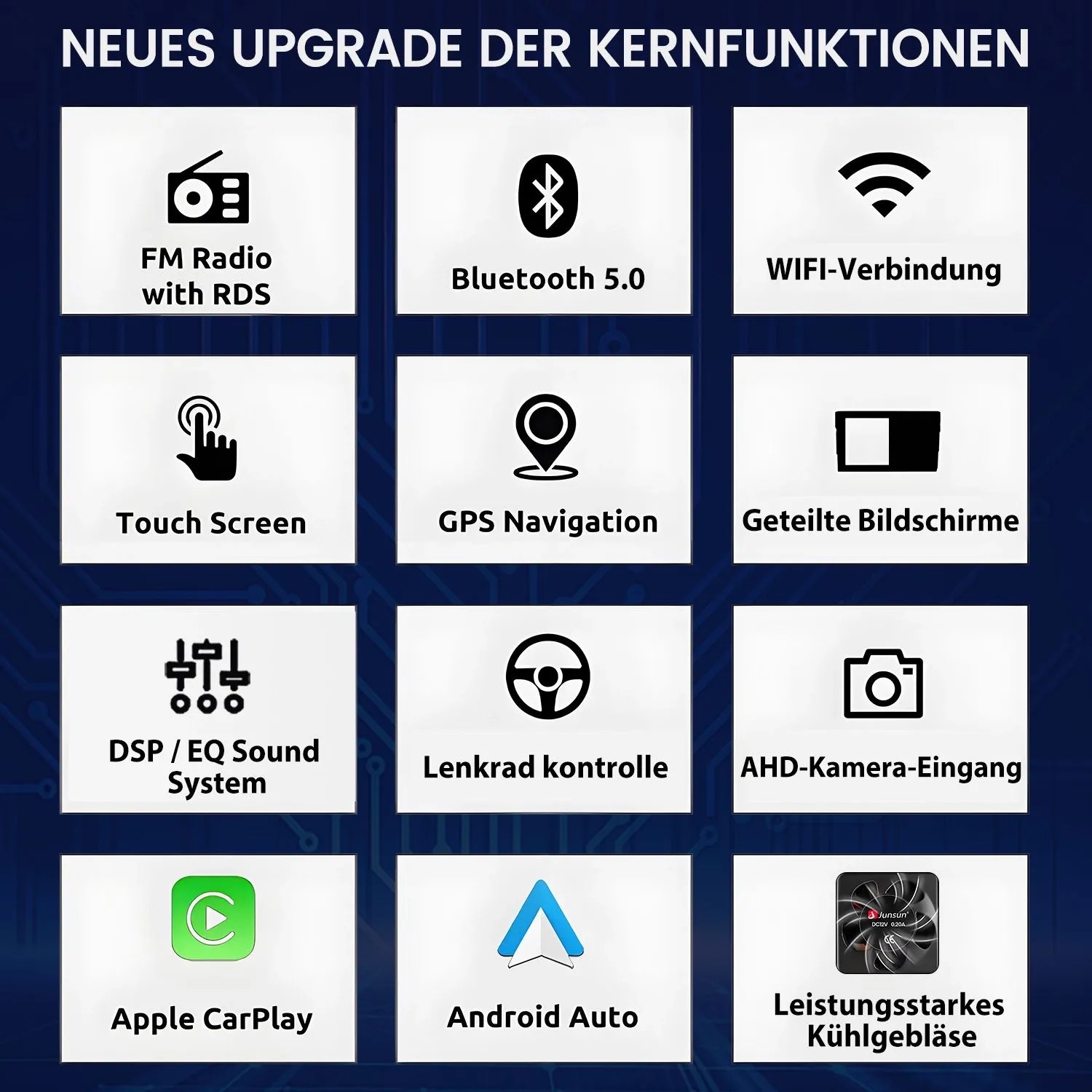 Junsun Autoradio für Skoda Octavia: Neue Kernfunktionen wie Touchscreen, Bluetooth, GPS, CarPlay, Android Auto, Lenkradsteuerung.