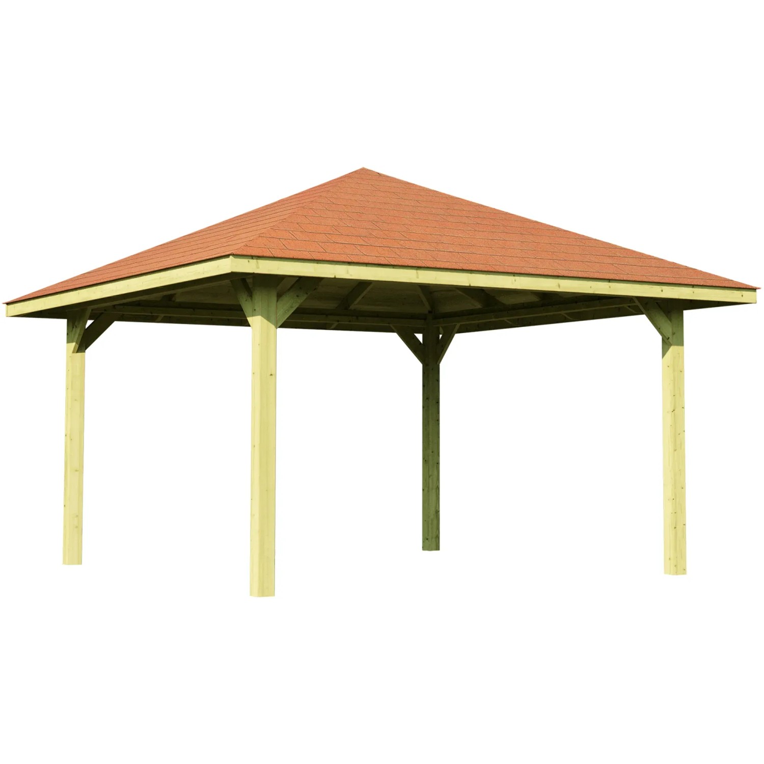 Weka Pavillon Gartenoase 651 A aus Holz mit roten Dachschindeln, Gesamtansicht.