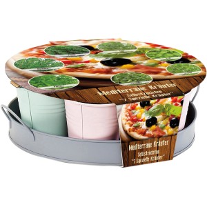 Mediterranes Kräutersamen-Set mit Zinktablett und 7 Töpfen für Oregano, Basilikum, Thymian, Koriander, Rosmarin, Petersilie, Salbei.