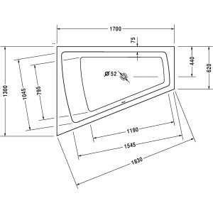 Technische Zeichnung der weißen Duravit Paiova Eckbadewanne 170x130 cm, Einbauversion für links.