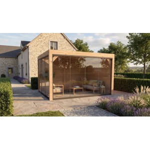 Moderne weka Gartenlaube Lumley aus Holz mit Glasschiebetüren und Holzwänden als Terrassenüberdachung.