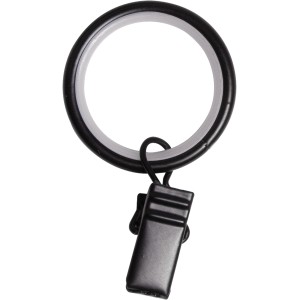 Schwarzer Gardinenring mit Klammer, Ø 19 mm, für Gardinenstangen.