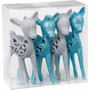 Baumschmuck-Set: 4 glitzernde Rentiere in Hellblau und Silber, dekorativer Baumbehang.