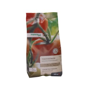 Verpackung Manna Bio Tomatendünger 1 kg mit Tomatenabbildung.