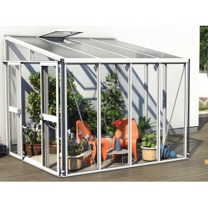 Vitavia Gewächshaus Helena 7000 mit Pavillon-Nachrüstsatz in Weiß, inklusive Pflanzen und Sitzgelegenheit.