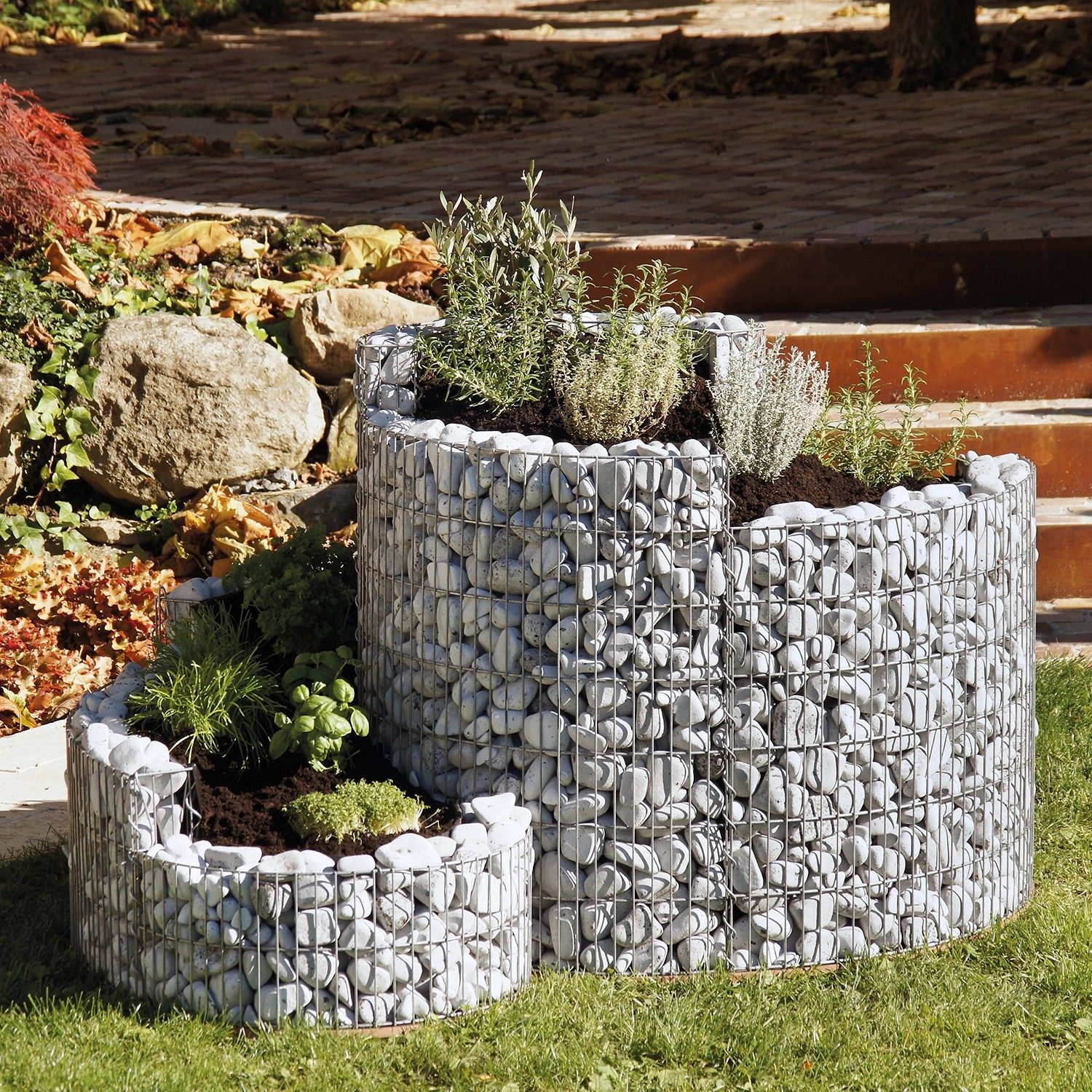 Bellissa Gabionen-Kräuterspirale Grünkraut, befüllt mit Steinen und Kräutern im Garten.