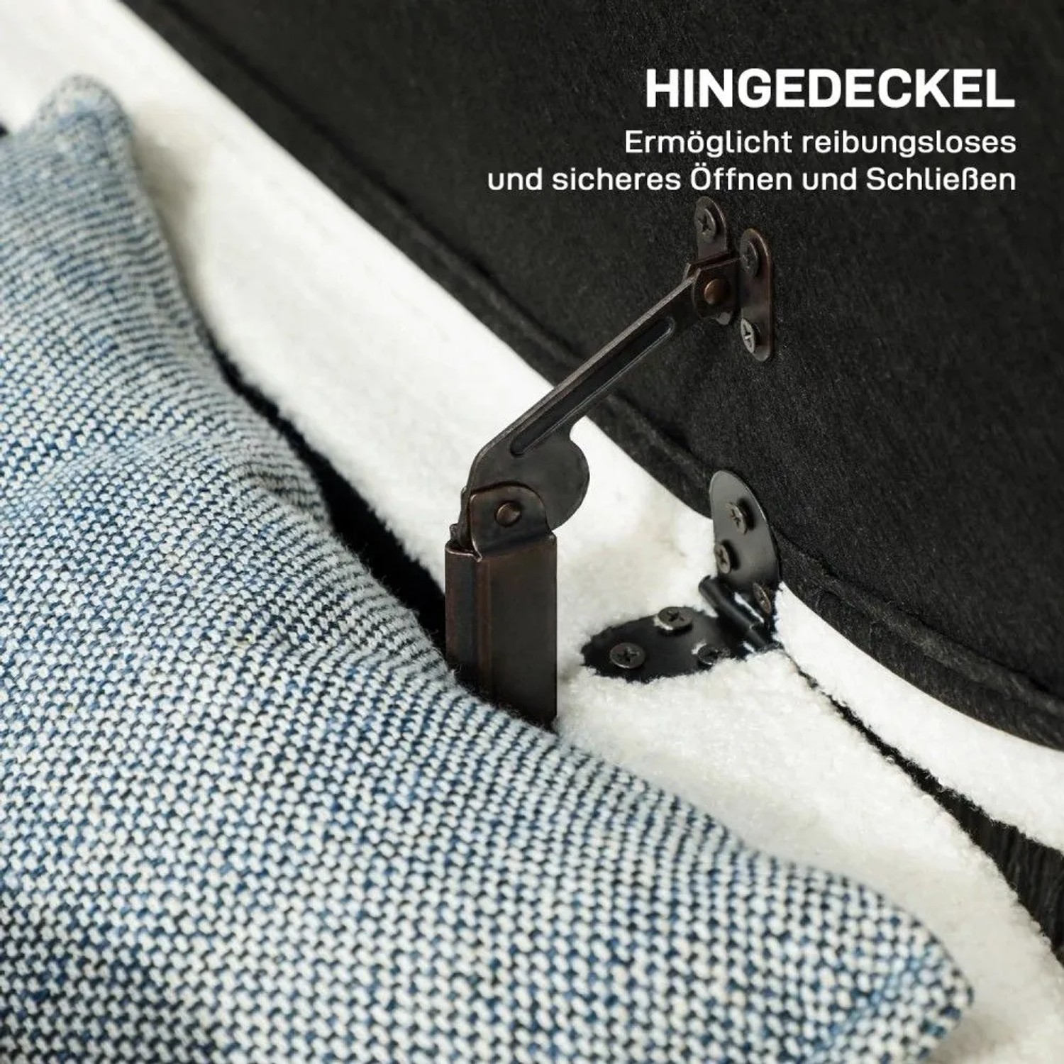 Offener Klappdeckel der HOMCOM Sitzbank mit Stauraum, zeigt robustes Scharnier und Innenfach mit Kissen.