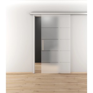 Novadoors Glasschiebetür Nova 503, satiniert, mit horizontalen Linien. Lichtdurchlässig und modern.