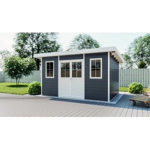 Modernes, anthrazitfarbenes Elephant WPC Gartenhaus mit Flachdach und weißen Akzenten.