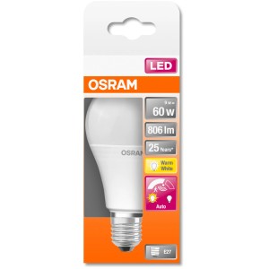 Osram LED-Lampe E27, 9W, matt, warmweiß. Glühlampenform in Verpackung.