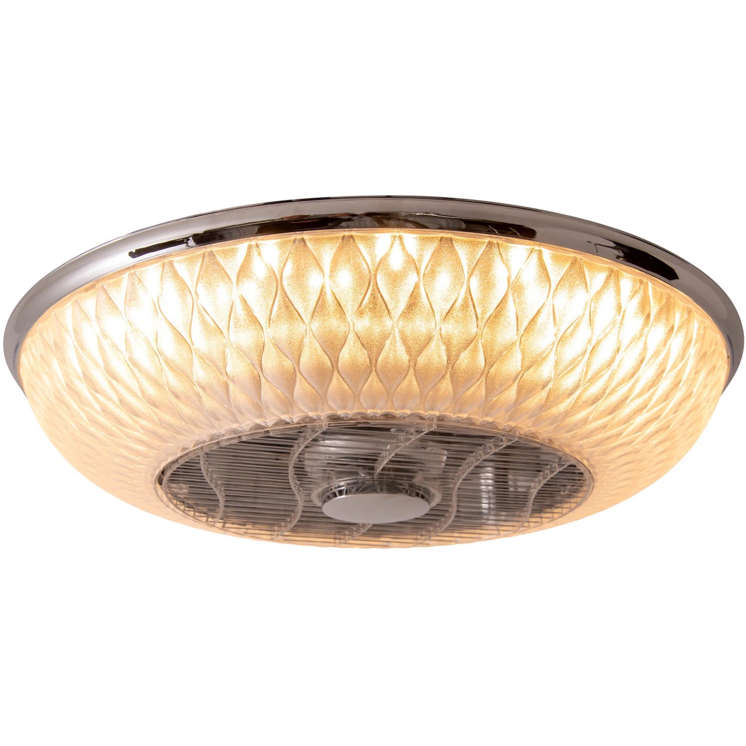LED-Deckenleuchte Viento mit Ventilator, runde Form, Kunststoffschirm mit Muster, silberfarbener Rand.