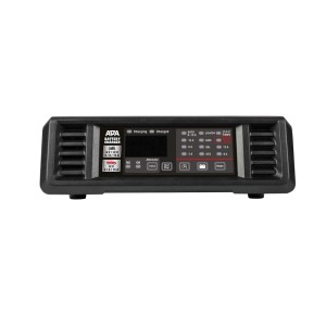 Schwarzes APA Werkstattladegerät Digital 6/12 V 15 A mit Display, LEDs und Bedienelementen. Autoelektrik.