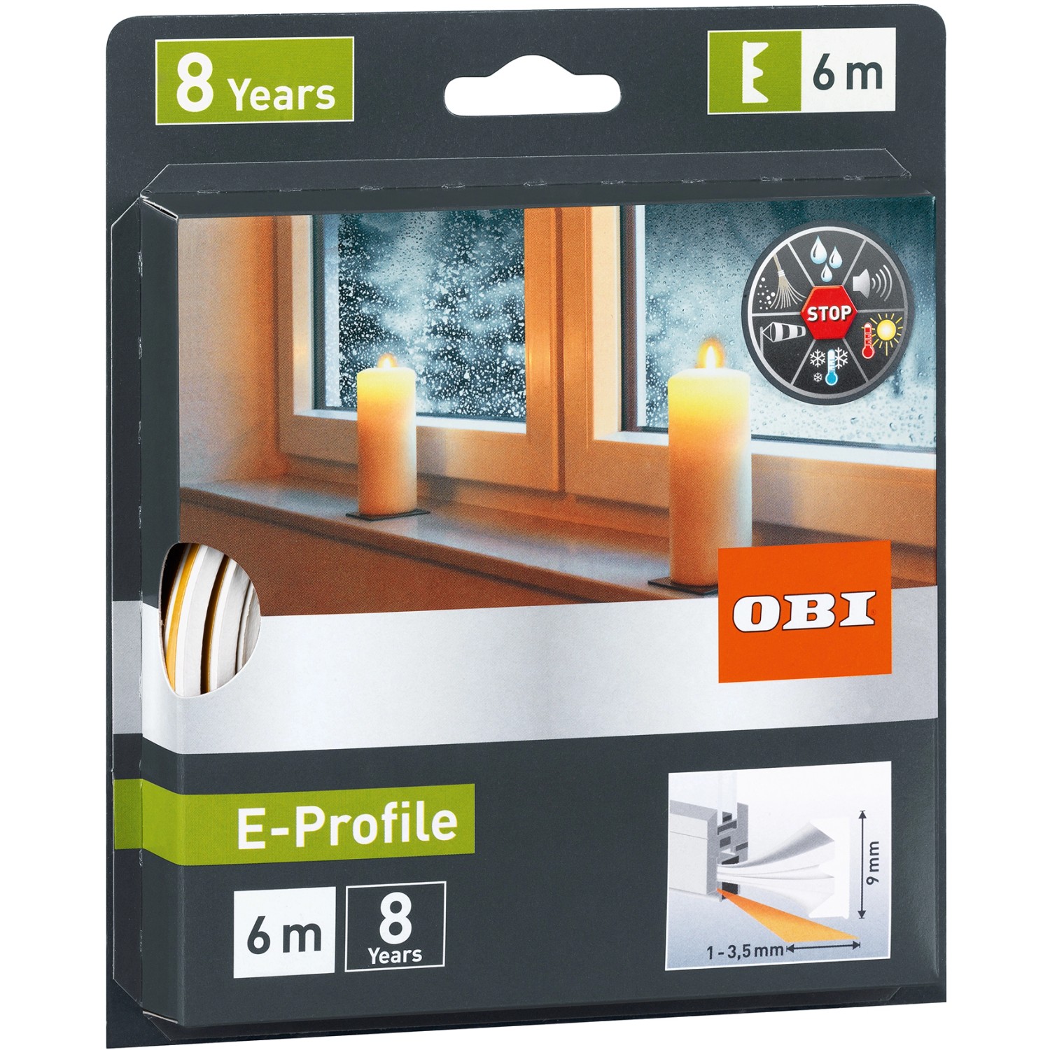 Verpackung der weißen OBI Türdichtung/Fensterdichtung aus Gummi E-Profil, 6m lang.