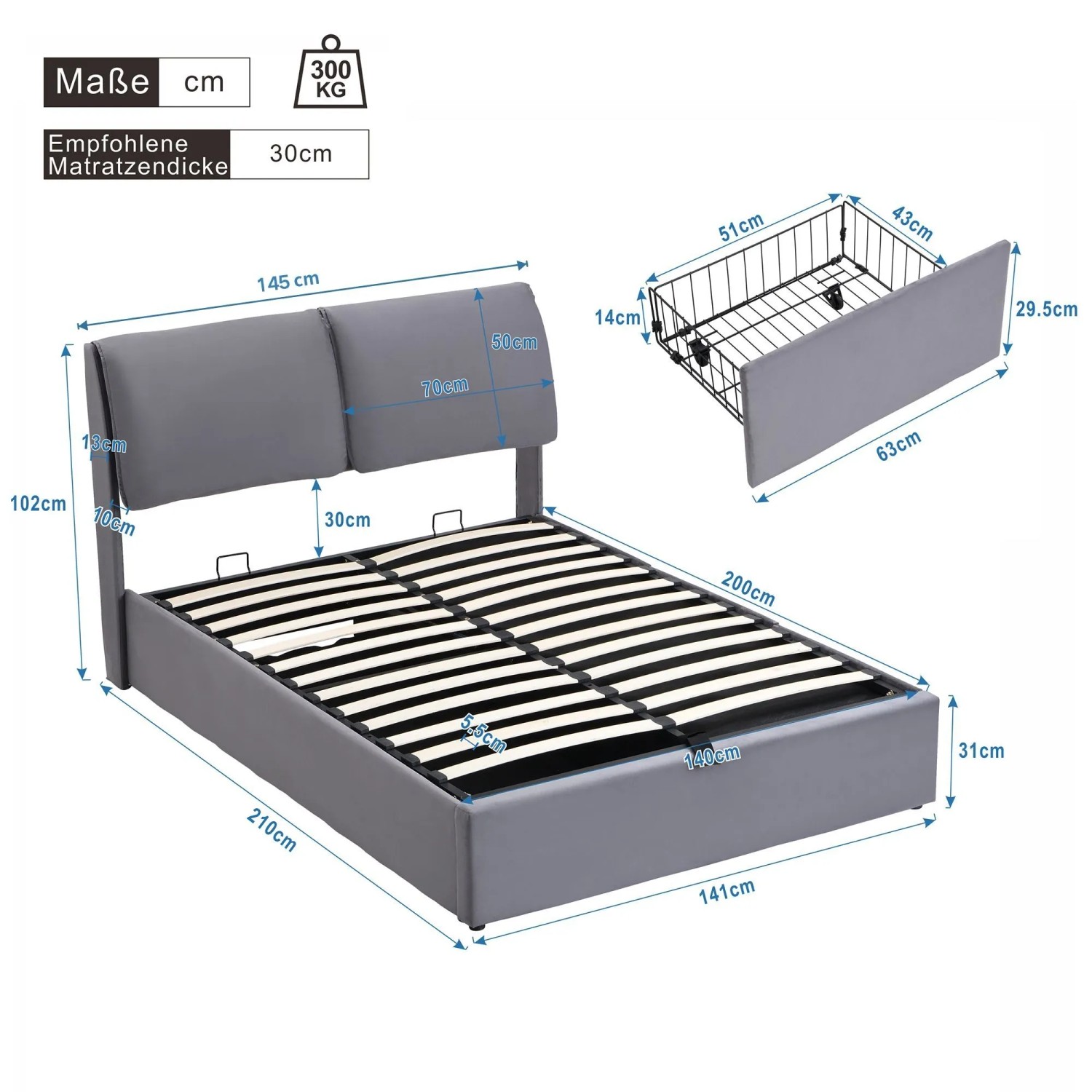 okwish Polsterbett 140x200cm mit 3 Schubladen Schlafzimmer Grau ohne Matratze_5