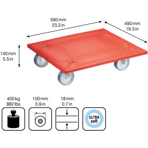 Wagner Transporthilfe 1397 mit 400 kg Tragkraft, rote Multiplex-Platte mit Ultrasoft-Rollen.