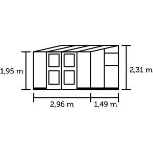 Skizze des Juliana Anlehngewächshauses Veranda mit Maßangaben zu Höhe und Breite.
