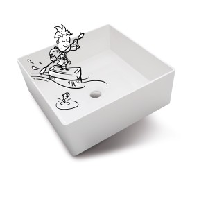 Quadratisches, weißes baliv Aufsatzwaschbecken WBA-7100, 41x41 cm, ohne Hahnloch, mit Comic-Illustration.