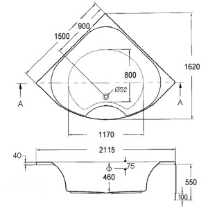 Skizze des Ottofond Whirlpool Lima Komfort 150 cm, weiße Eck-Badewanne mit Maßen.