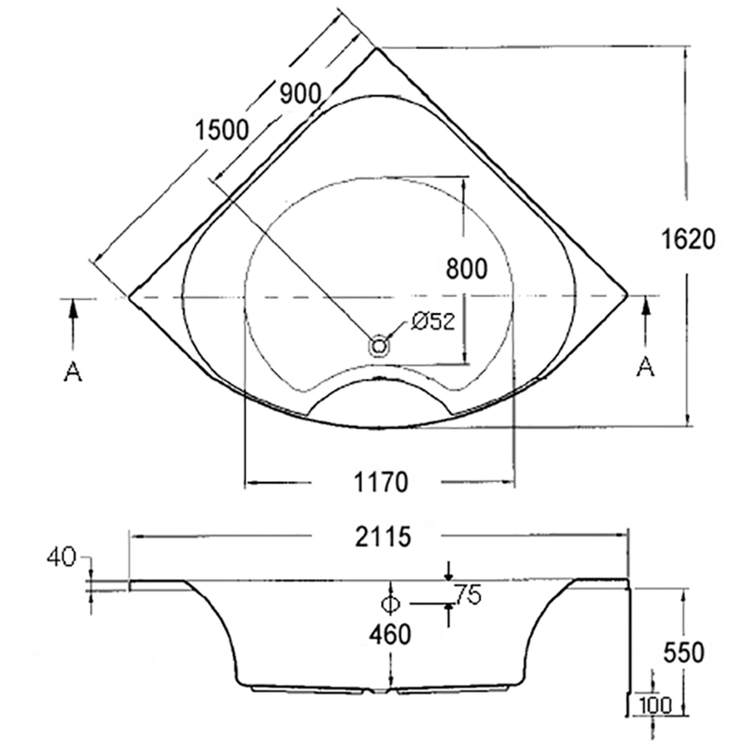 Skizze des Ottofond Whirlpool Lima Komfort 150 cm, weiße Eck-Badewanne mit Maßen.