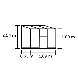 Technische Zeichnung Halls Qube Lean-to 26 Anlehngewächshaus, Maße: 204x189x65 cm.