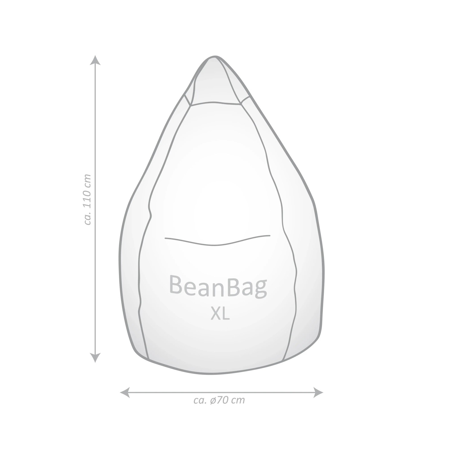 Abbildung eines schwarzen Sitting Point Sitzsack Easy (220 l) mit Maßangaben.