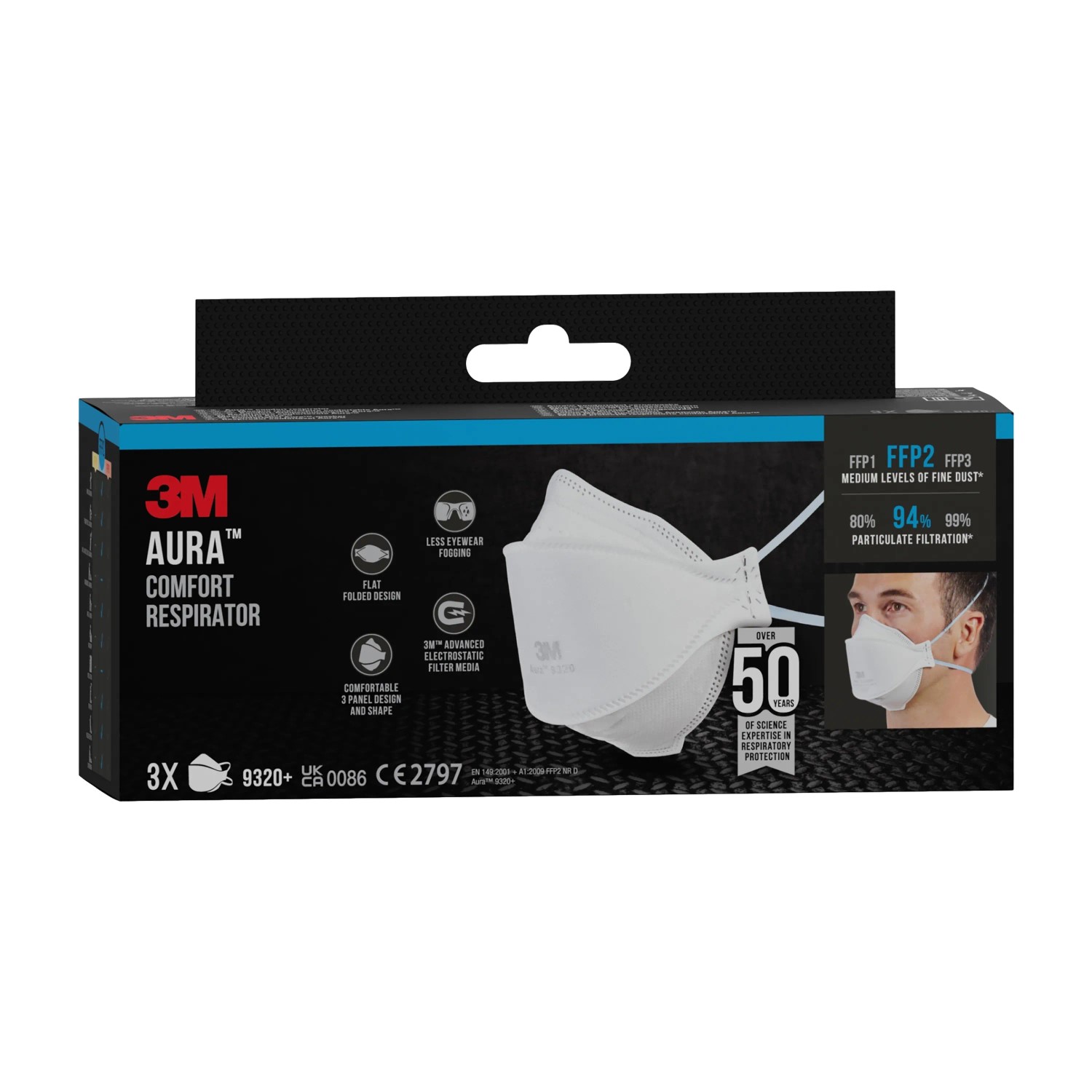 3er Pack 3M Aura Komfort-Partikelmaske FFP2 9320+ für Atemschutz bei Staubarbeiten.