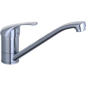 Chromfarbene Einhebel-Küchenarmatur Tirso mit schwenkbarem Auslauf.