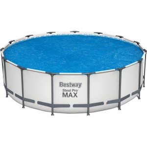 Bestway Pool mit blauer Solarplane als Abdeckung, Durchmesser 488 cm.