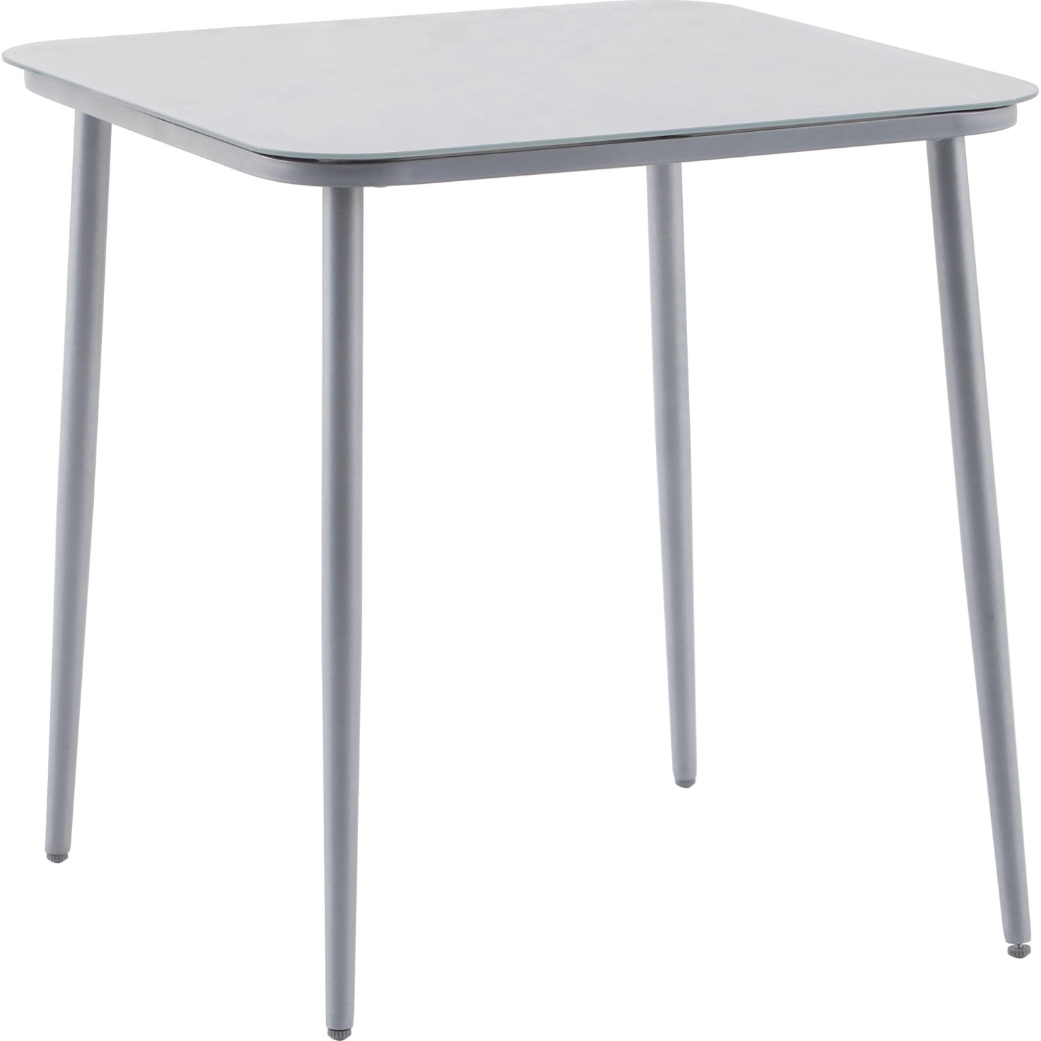 Quadratischer Gartentisch Suriname mit hellgrauer Glasplatte und silberfarbenem Stahlgestell.