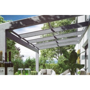 Skan Holz Terrassenüberdachung Novara, 557x309 cm, schiefergrau, mit klarem Polycarbonat-Dach.