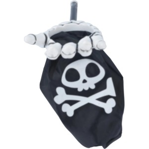 Halloween-Tüte mit Totenkopf und Knochen, Griff in Form einer Skeletthand.