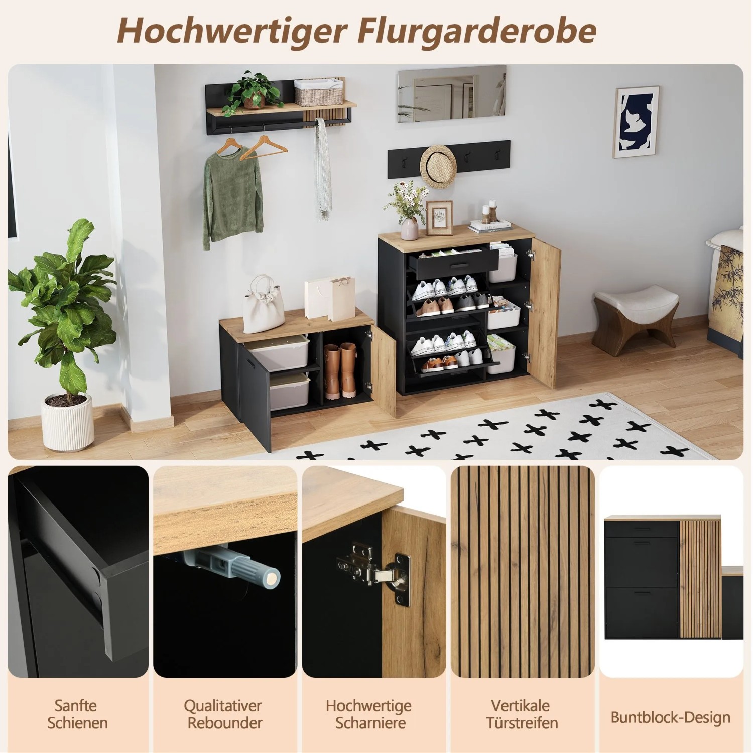 okwish Schuhschrank Set mit Spiegel Garderobe Flur 85x36x85cm Schwarz_6