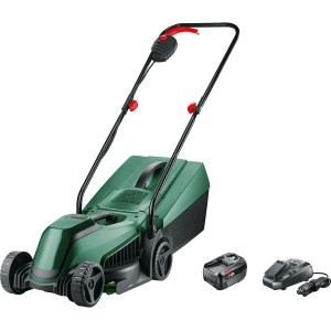 Bosch Akku-Rasenmäher EasyMower mit Akku und Ladegerät, ideal für kleine Gärten.