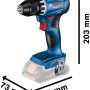 Bosch Professional Akku-Bohrschrauber GSR 18V-45, blau, mit Abmessungen. Akkuschrauber für Profis.