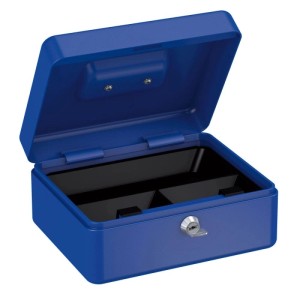 Offene, blaue Geldkassette mit Münzeinsatz und Schlüssel.