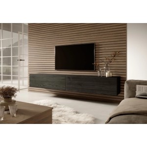 Modernes Selsey TV-Hängeboard Bisira 200 cm in Schwarzgrau Esche-Holzoptik mit 2 Klapptüren.