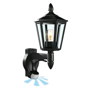 Schwarze Steinel Außenwandleuchte L 15 S mit Bewegungsmelder und E27 Fassung.