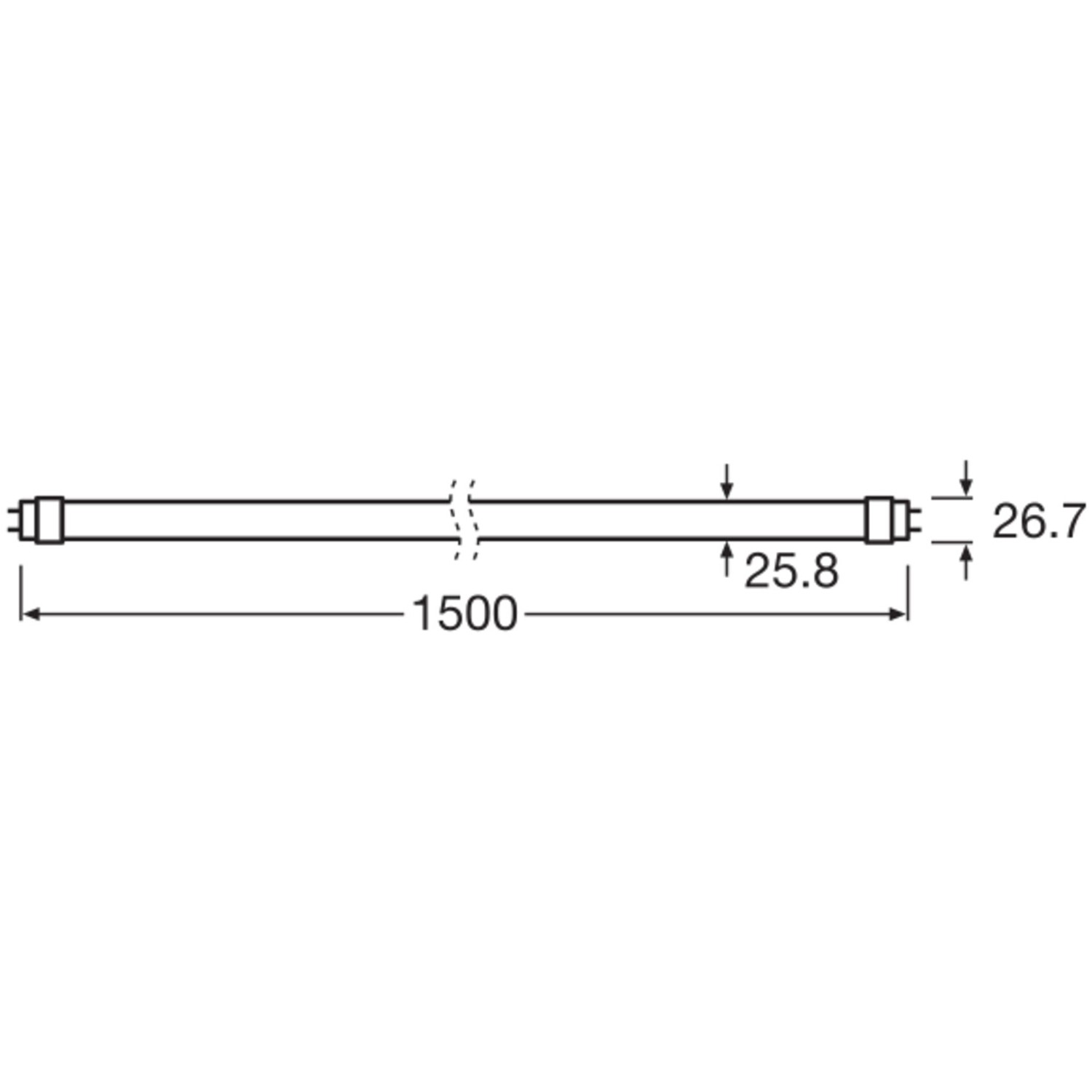 Technische Zeichnung einer Osram LED-Leuchtstofflampe, G13 Röhre mit Maßen.