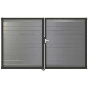 GroJa Lumino Steckzaun Tor, DIN Rechts, silbergrau, 2-flügelig mit Beschlagset und Aluminiumrahmen.