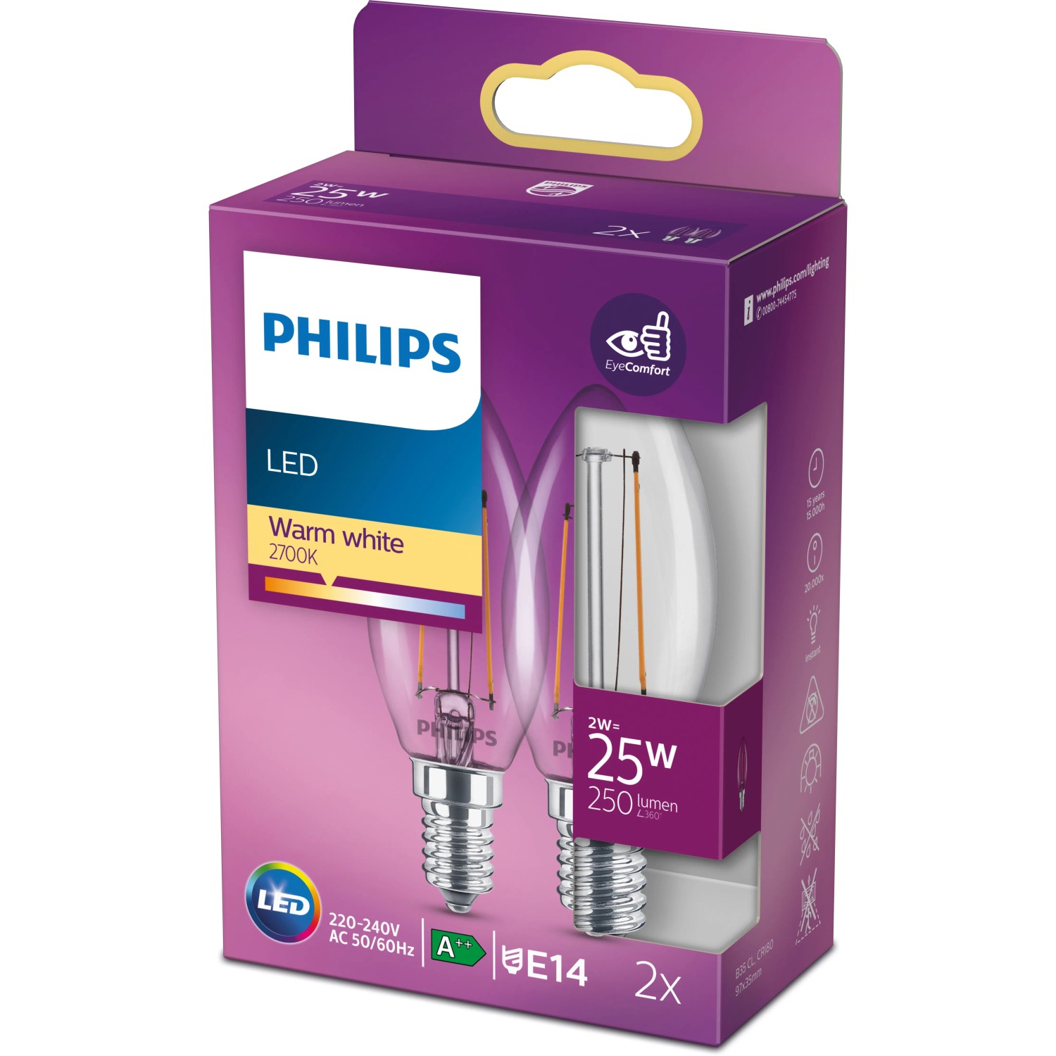 2er-Set Philips LED E14 Kerzenlampen, 2W, warmweiß, in Produktverpackung.