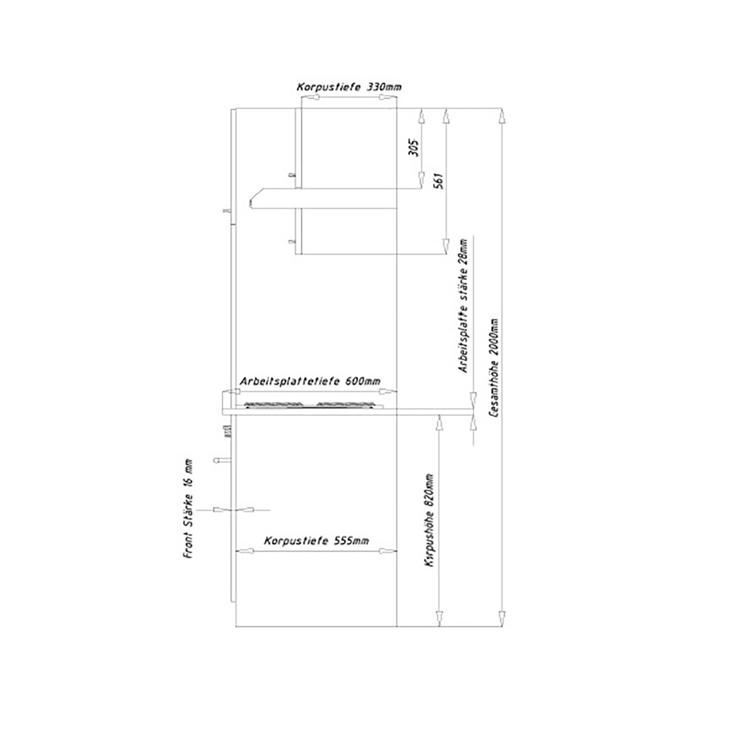 Technische Zeichnung der Respekta Küchenzeile 270 cm in Buche Nachbildung, Maße und Details.