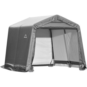 Graues Shelter Logic Metall-Gerätehaus, 9 m², mit offenem Eingang. Ideal als Geräteschuppen.