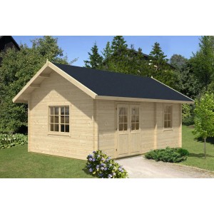 Unbehandeltes Alpholz Gartenhaus Arizona mit Satteldach und Anbaudach. Holz-Gartenhaus mit Fenster und Doppeltür.