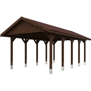 Satteldach-Carport Wallgau in Nussbaum mit roten Dachschindeln, Holzkonstruktion.
