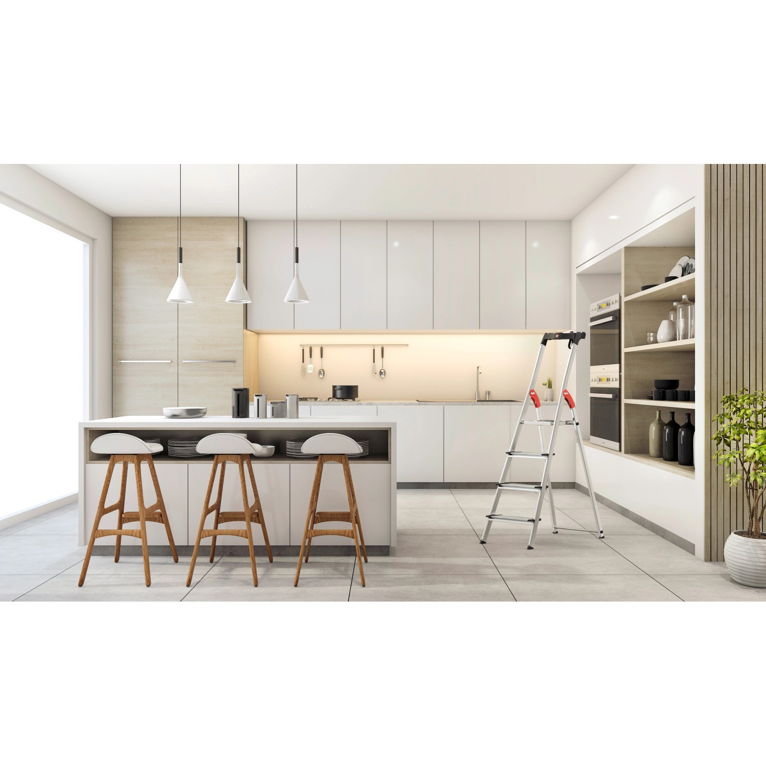 Hailo Alu-Haushaltsleiter XXL L80 Comfortline 5-stufig in moderner Küche.