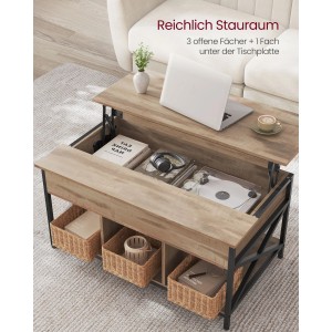 Vasagle Couchtisch, höhenverstellbar, braun-schwarz, mit Stauraum, Fächern und Stahlbeinen.