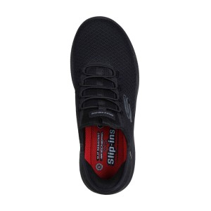 Schwarzer Skechers Damen Arbeitsschuh mit Slip-ins Funktion und rutschhemmender Sohle, rote Innensohle.